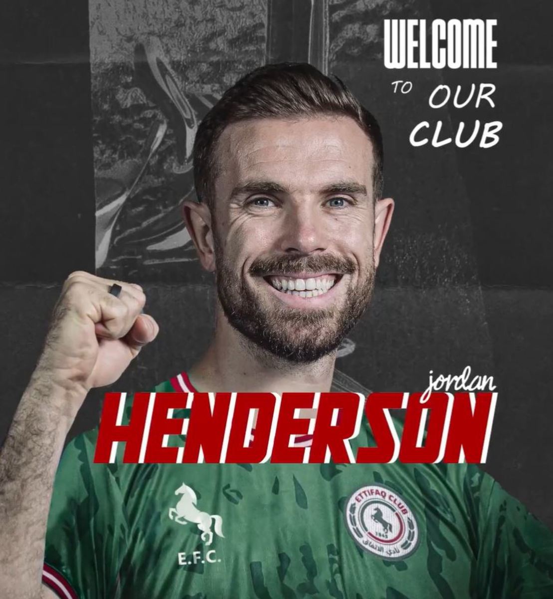 Jordan Henderson pictured wearing an Al-Ettifaq jersey in a video posted by the Saudi Pro League club to announce his arrival from Liverpool in July 2023
