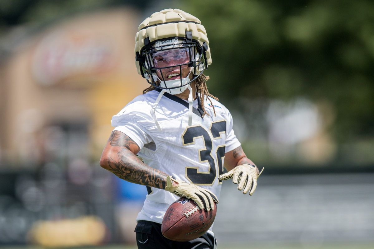 ew Orleans Saints safety Tyrann Mathieu (32) looks on during minicamp