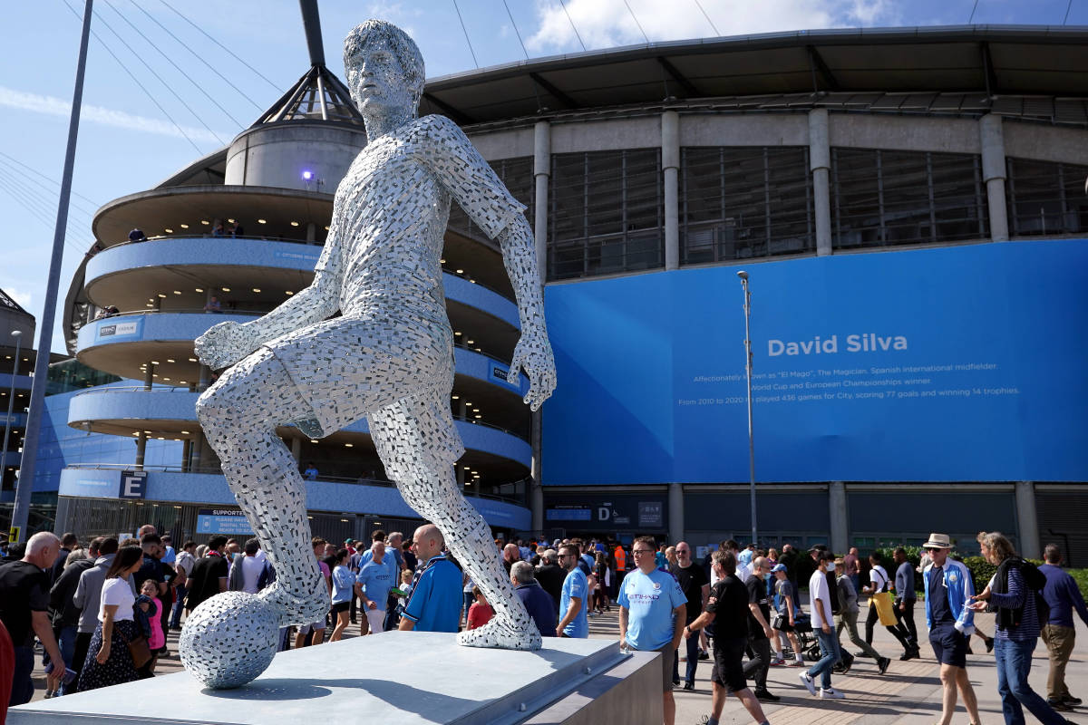 A statue celebrating the Manchester City career of David Silva pictured outside the Etihad Stadium after being unveiled in August 2021