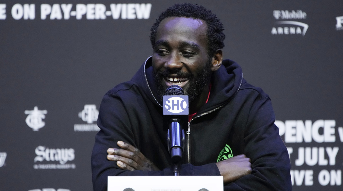 Terence Crawford speaks during a news conference Thursday, July 27, 2023, in Las Vegas.