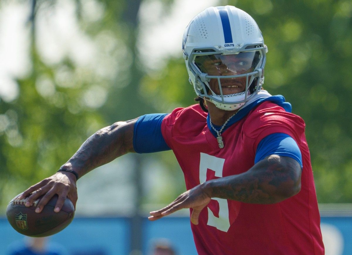 Indianapolis Colts quarterback Anthony Richardson (5) works through drills during the first day of training camp practice Wednesday, July 26, 2023, at Grand Park Sports Complex in Westfield, Indiana.
