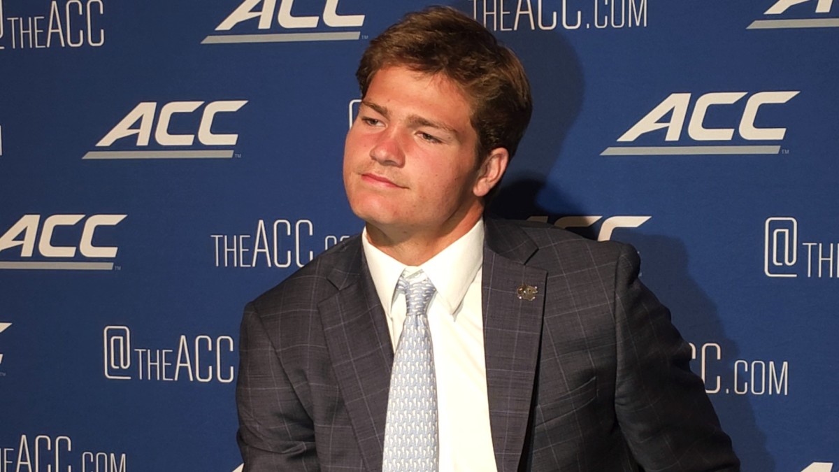UNC's Drake Maye at ACC Media Day in Charlotte, NC on July 27, 2023