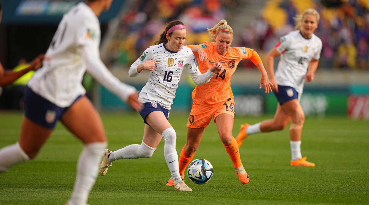 USWNT midfielder Rose Lavelle controls the ball against Netherlands at the Women's World Cup.