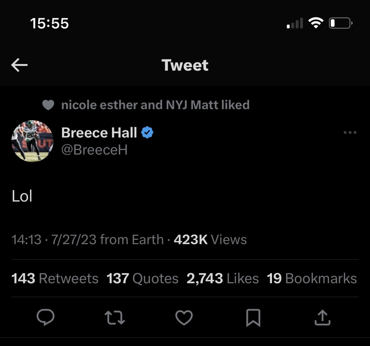 Breece Hall Tweet on July 27