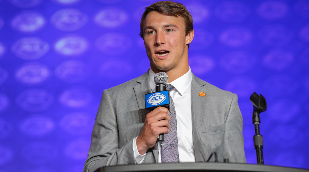 Clemson quarterback Cade Klubnik answers questions from the media during the ACC media days.