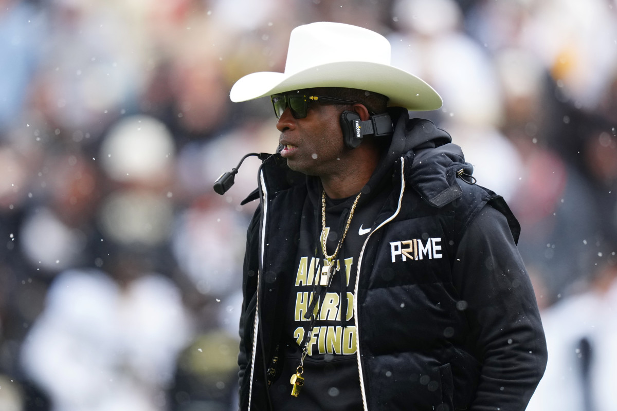 Colorado HC Deion Sanders during his first spring game with the Buffaloes in Boulder, Colorado, on April 22, 2023. (Photo by Ron Chenoy of USA Today Sports)