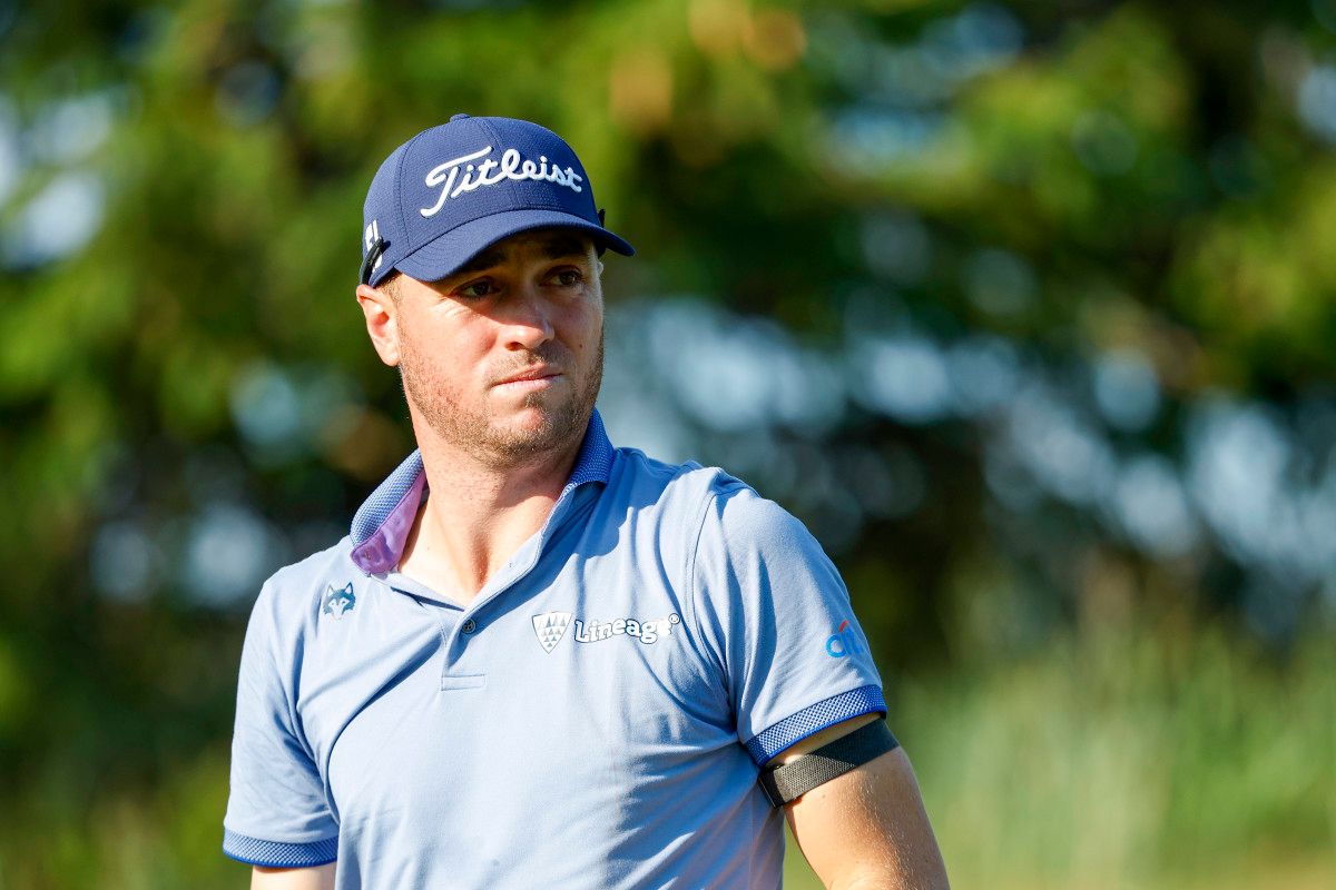 Justin Thomas of the United States watches his tee shot on the 12th hole during the second round of the 3M Open at TPC Twin Cities on July 28, 2023 in Blaine, Minnesota.
