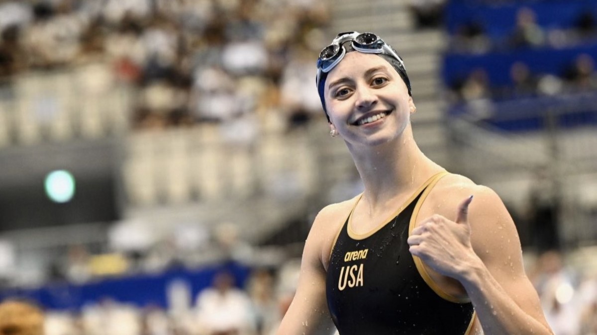 Virginia alum and Team USA swimmer Kate Douglass reacts after a swim at the 2023 FINA World Aquatics Championships in Fukuoka, Japan.