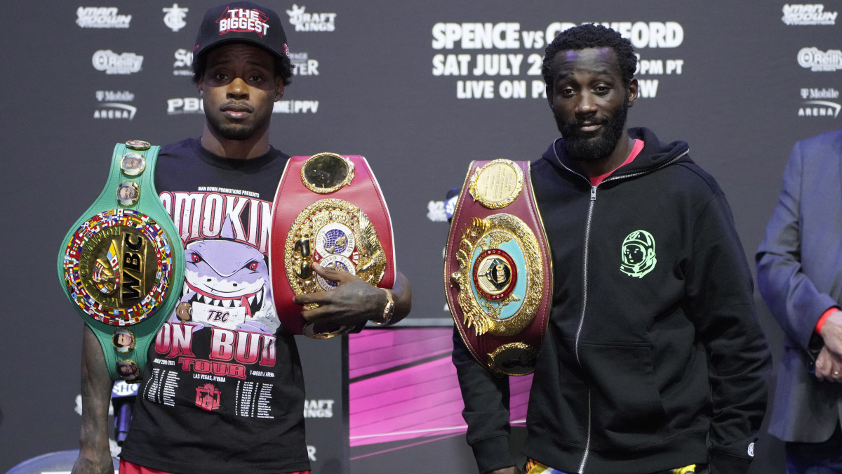 Errol Spence Jr., left, and Terence Crawford pose during a news conference Thursday, July 27, 2023, in Las Vegas.