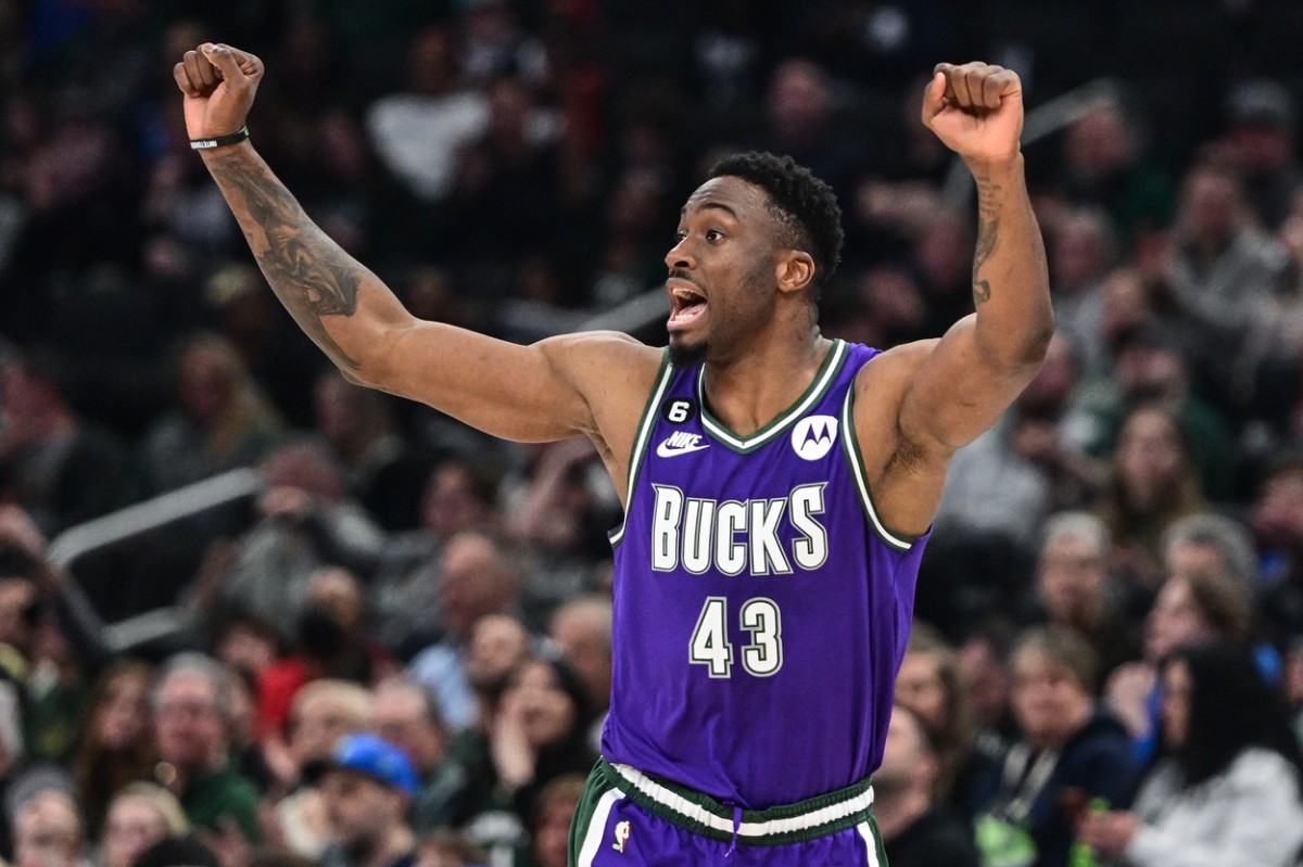Milwaukee Bucks forward Thanasis Antetokounmpo (43) reacts in the second quarter during game against the Memphis Grizzlies