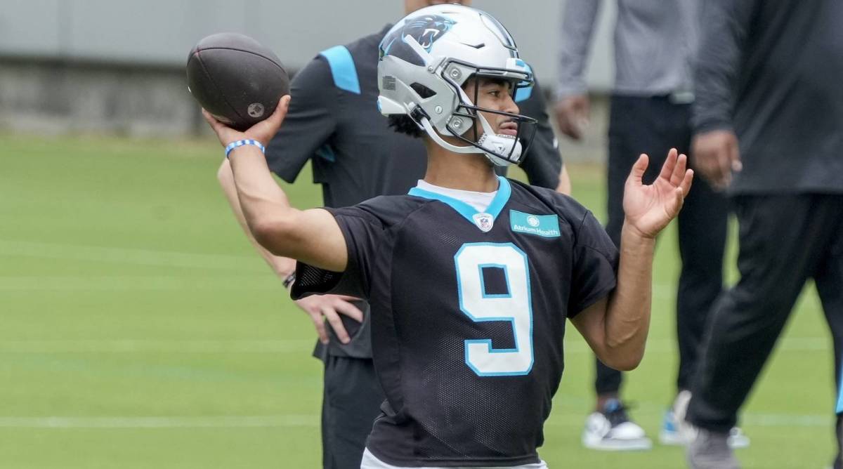 Panthers quarterback Bryce Young throws a pass in a practice at training camp.