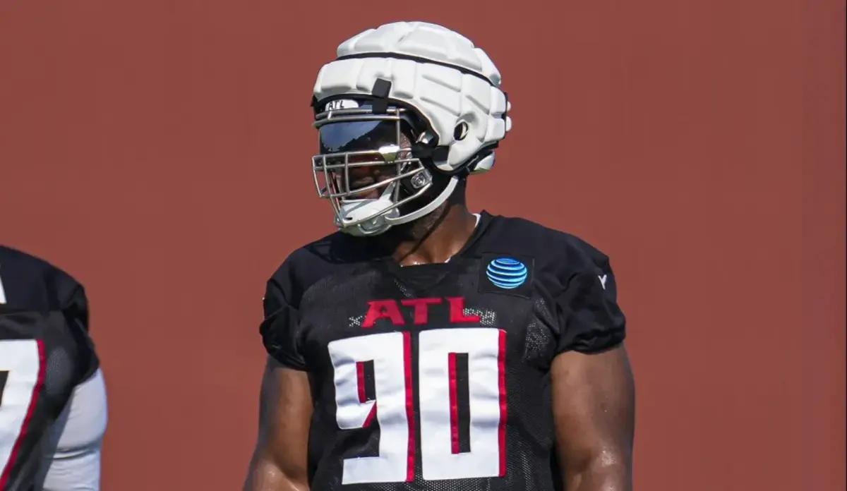 Atlanta Falcons defensive tackle David Onyemata at work during practice.