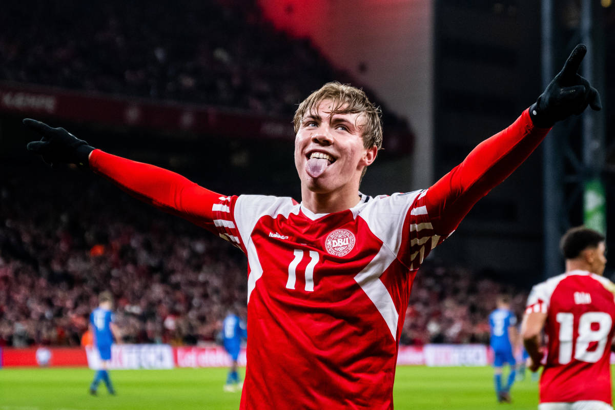 Rasmus Hojlund pictured celebrating after scoring for Denmark against Finland in March 2023