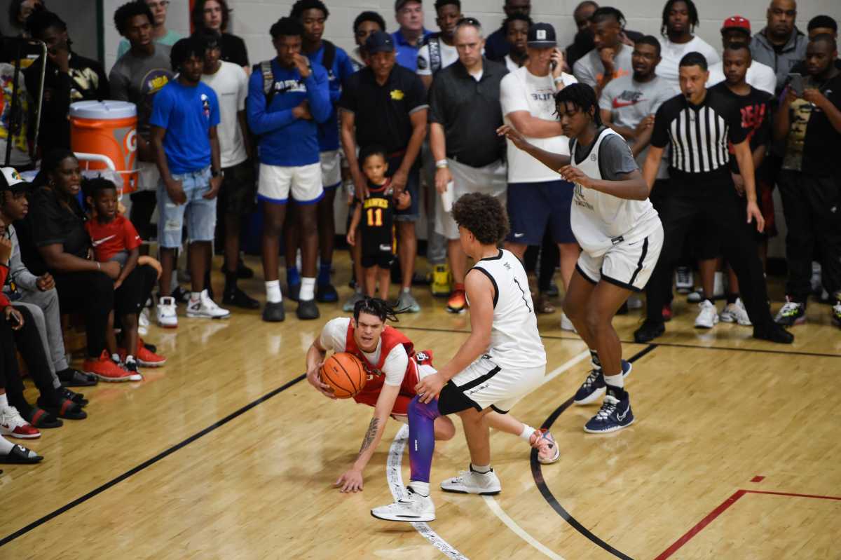 2024 G Bishop Boswell defending during the Peach Jam in North Augusta, South Carolina, on July 21, 2022. (Photo by Katie Goodale of USA Today Sports)