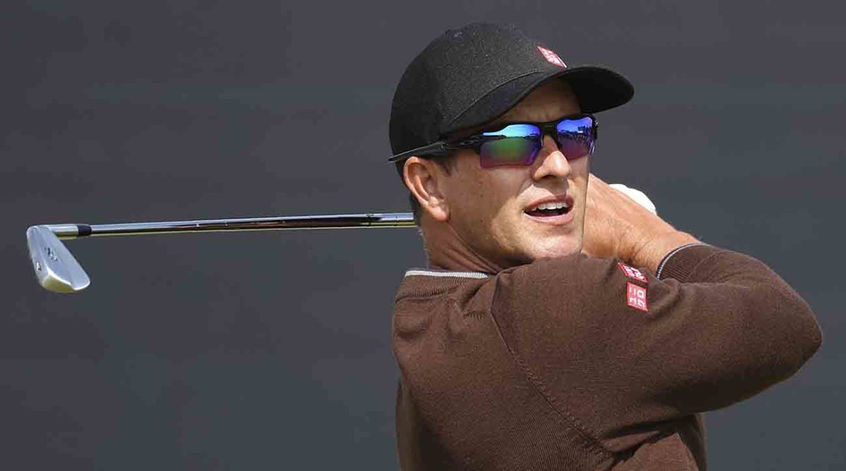 Adam Scott watches a shot at the 2023 British Open at Royal Liverpool.