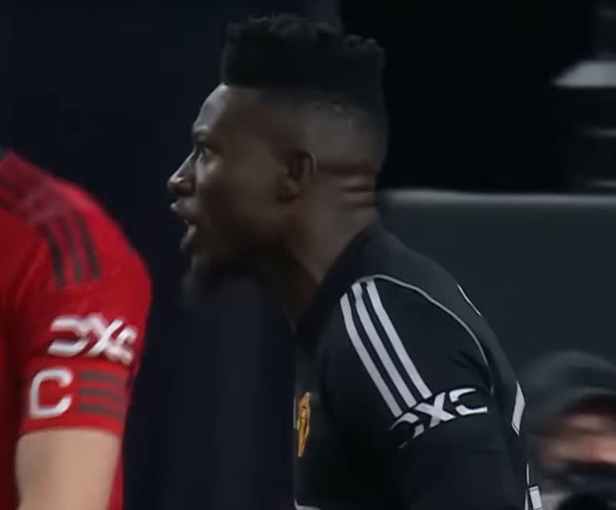 Manchester United goalkeeper Andre Onana pictured shouting at Harry Maguire (not in shot) during a pre-season game against Borussia Dortmund in July 2023