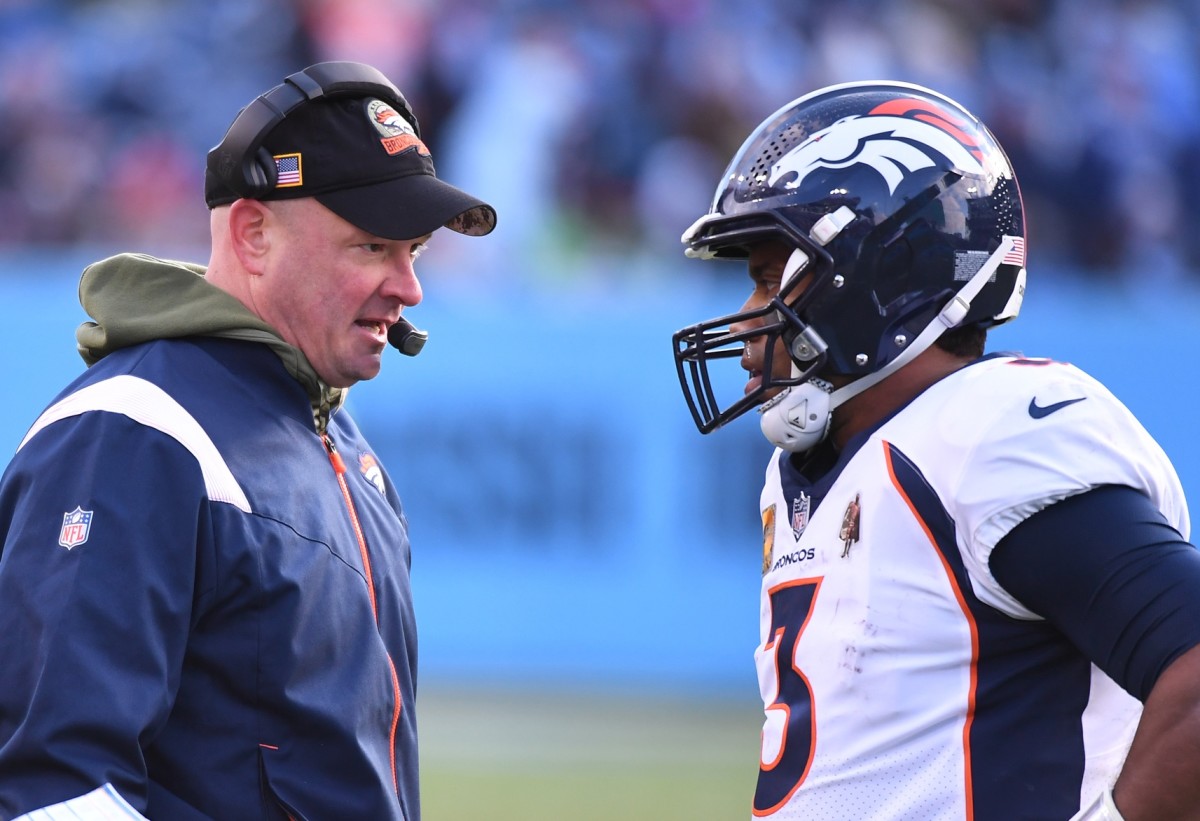 Former Broncos coach Nathaniel Hackett and quarterback Russell Wilson. Hackett was criticized last week by new Broncos coach Sean Payton.