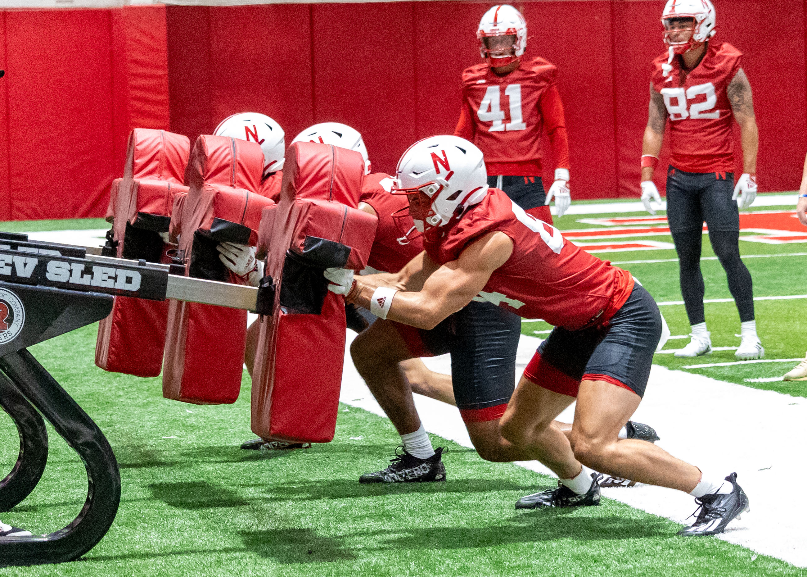Wide receivers sled 2023 Nebraska football first fall camp practice