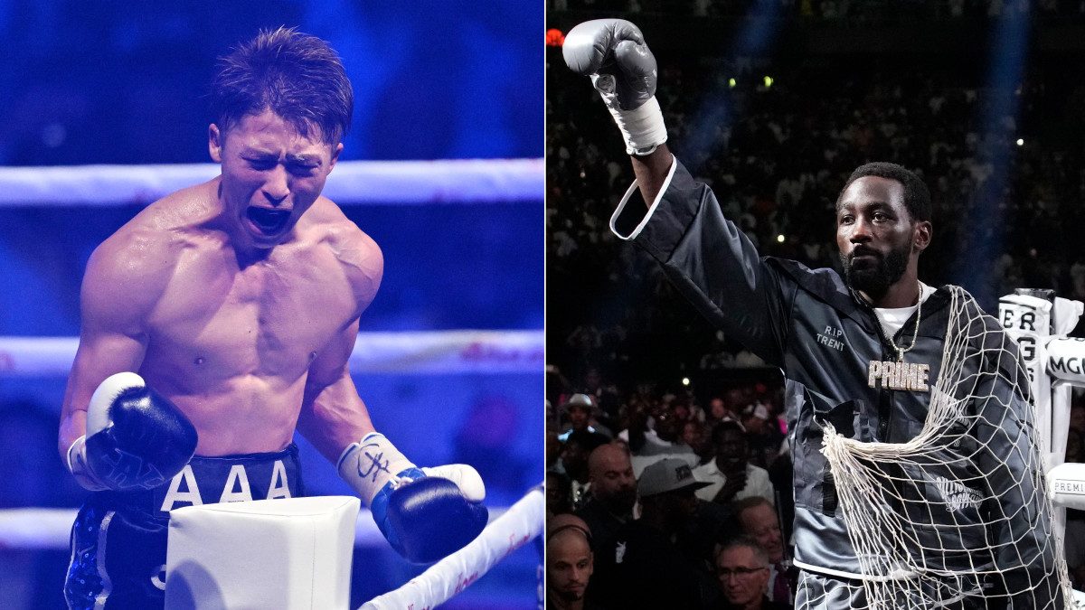 A split image of Naoya Inoue and Terence Crawford, who both won major fights in July, celebrating.