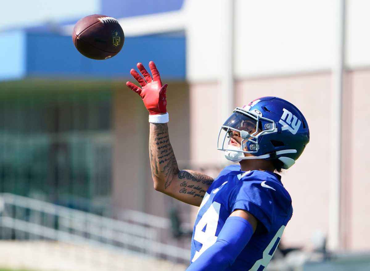 New York Giants WR Jalin Hyatt during training camp in East Rutherford, New Jersey, on July 31, 2023. (Photo by Danielle Parhizkaran of NorthJersy.com)