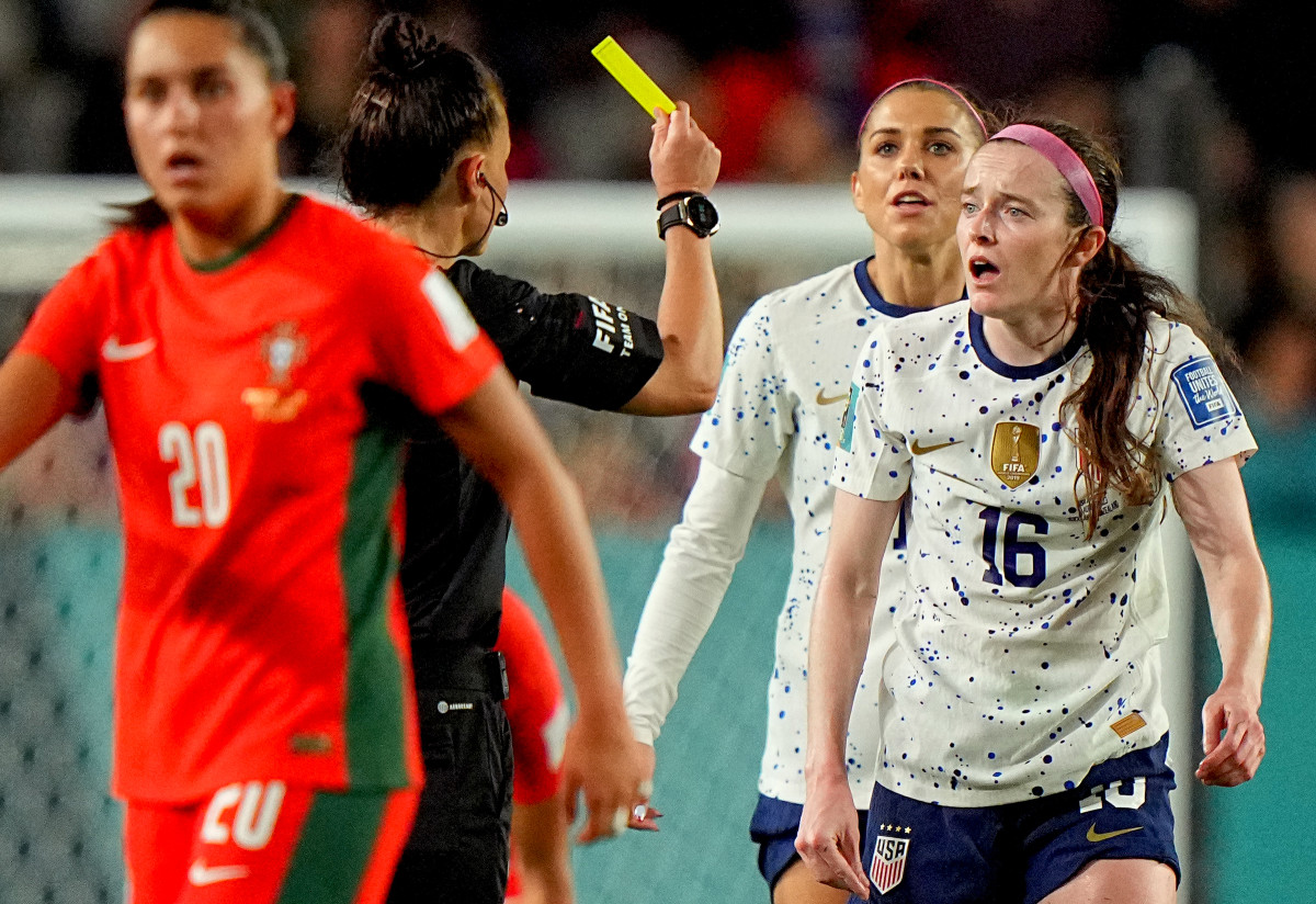 USWNT midfielder Rose Lavelle reacts to getting a yellow card against Portugal at the Women's World Cup.