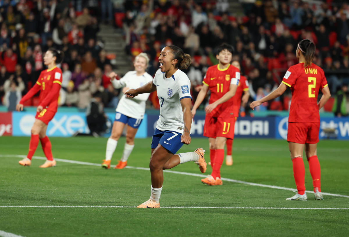 Lauren James pictured (center) celebrating a goal during England's 6-1 win over China at the 2023 FIFA Women's World Cup