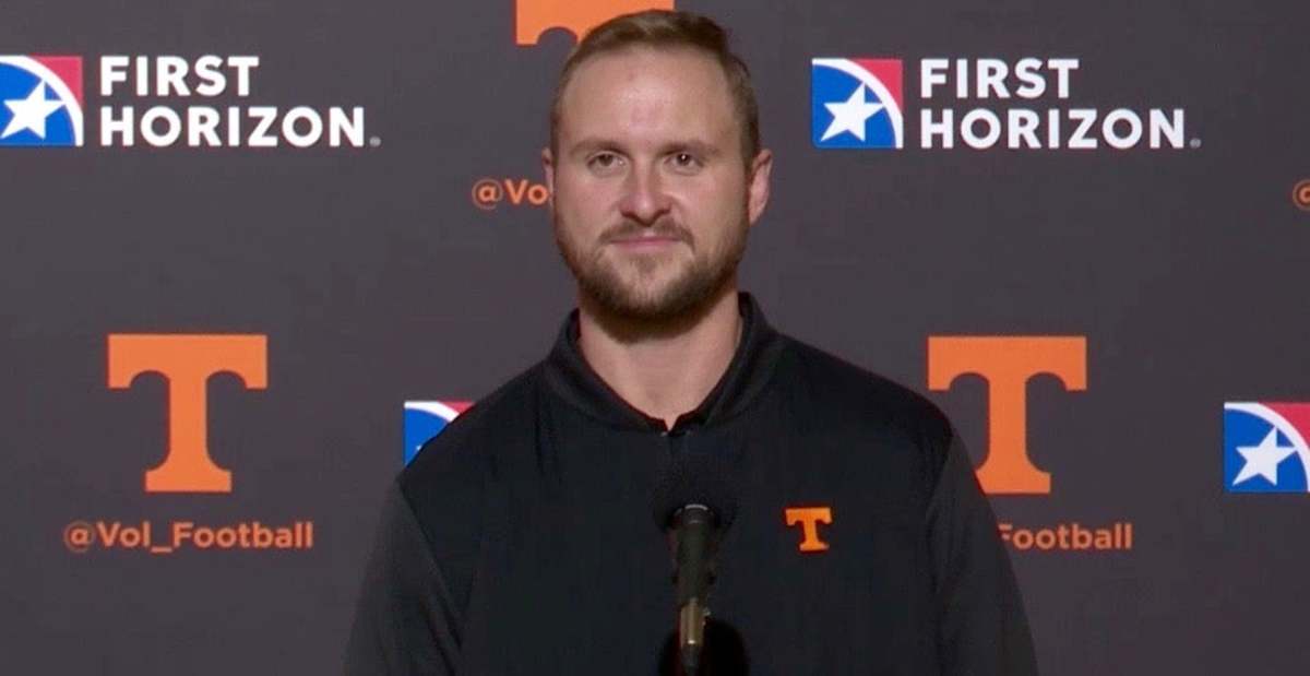 Tennessee TEs coach Alec Abeln during media availability this spring in Knoxville, Tennessee. (Photo courtesy of Tennessee Athletics)