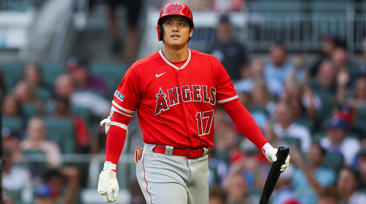 s Angels designated hitter Shohei Ohtani reacts after a strikeout.