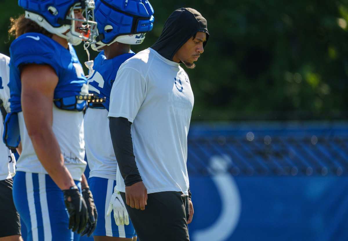 Indianapolis Colts running back Jonathan Taylor (28) stands near other running backs during drills Monday, July 31, 2023, during training camp at the Grand Park Sports Campus in Westfield, Indiana.