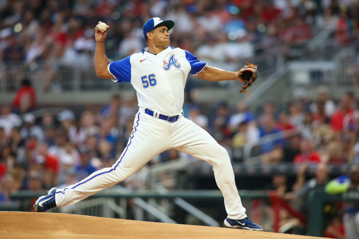 Jul 28, 2023; Atlanta, Georgia, USA; Atlanta Braves starting pitcher Yonny Chirinos (56) throws against the Milwaukee Brewers in the first inning at Truist Park.