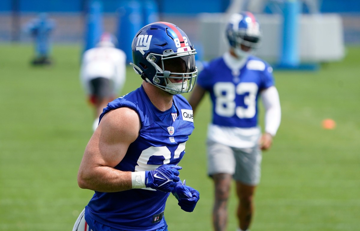New York Giants tight end Daniel Bellinger (82) on the field for day two of mandatory minicamp at the Giants training center on Wednesday, June 14, 2023, in East Rutherford.