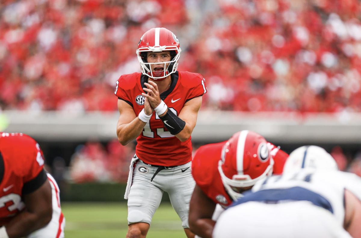 Georgia quarterback Stetson Bennett (during a game against Samford on Dooley Field at Sanford Stadium in Athens, Ga., on Saturday, Sept. 10, 2022. (Photo by Tony Walsh)