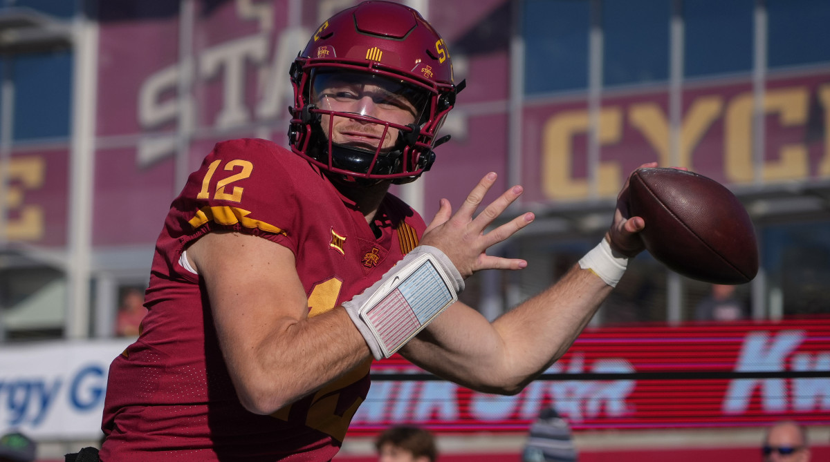 Iowa State quarterback Hunter Dekkers throws a pass during warm-ups prior to kickoff against Oklahoma at Jack Trice Stadium.