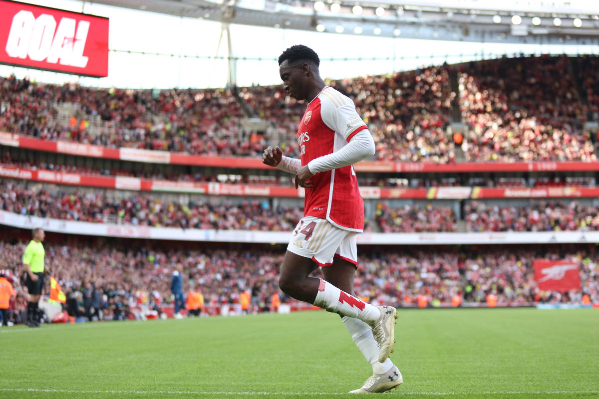 Eddie Nketiah pictured celebrating after scoring a goal for Arsenal in a 1-1 draw with Monaco in August 2023