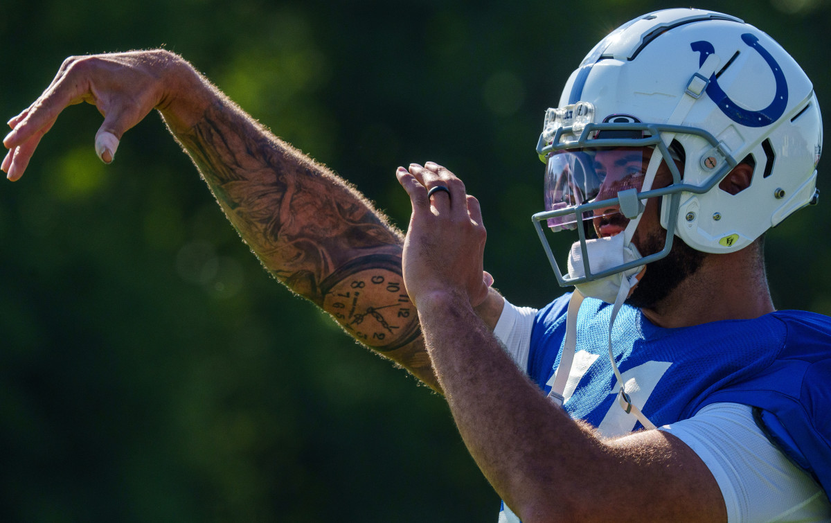 July 31, 2023; Westfield, IN, USA; Indianapolis Colts wide receiver Michael Pittman Jr. (11) tosses a ball with teammates Monday, July 31, 2023, during training camp at the Grand Park Sports Campus in Westfield, Indiana. Mandatory Credit: Mykal McEldowney-USA TODAY Sports