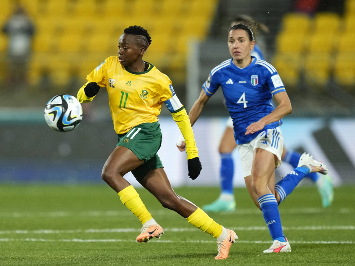 Thembi Kgatlana of South Africa and Lucia Di Guglielmo of Italy compete for the ball during the Women s World Cup.