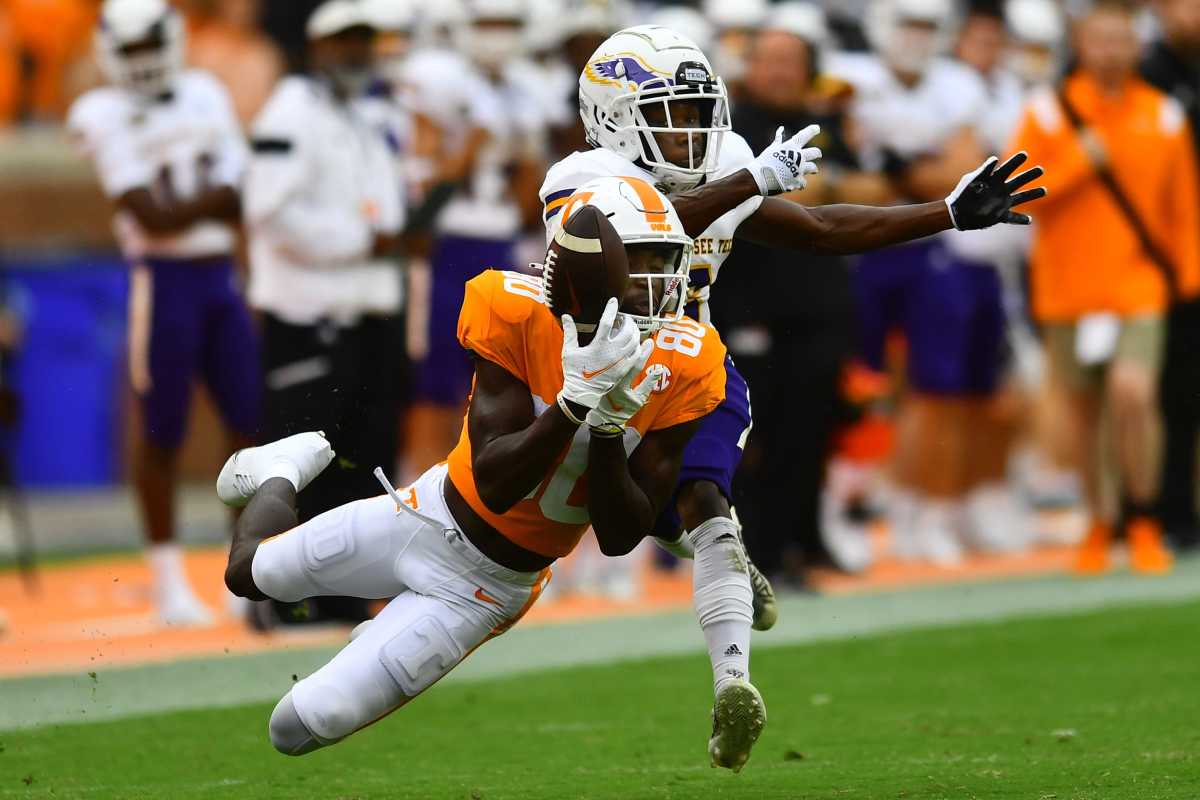 Tennessee WR Ramel Keyton making a diving catch against Tennessee Tech in Knoxville, Tennessee, on September 18, 2021. (Photo by Saul Young of the News Sentinel)