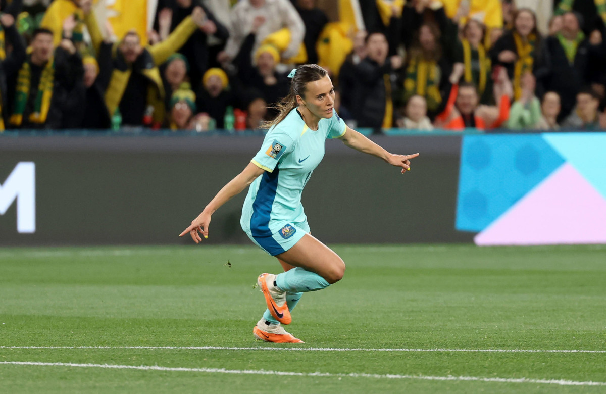 Hayley Raso of Australia celebrates her goal against Canada at the Women's World Cup.