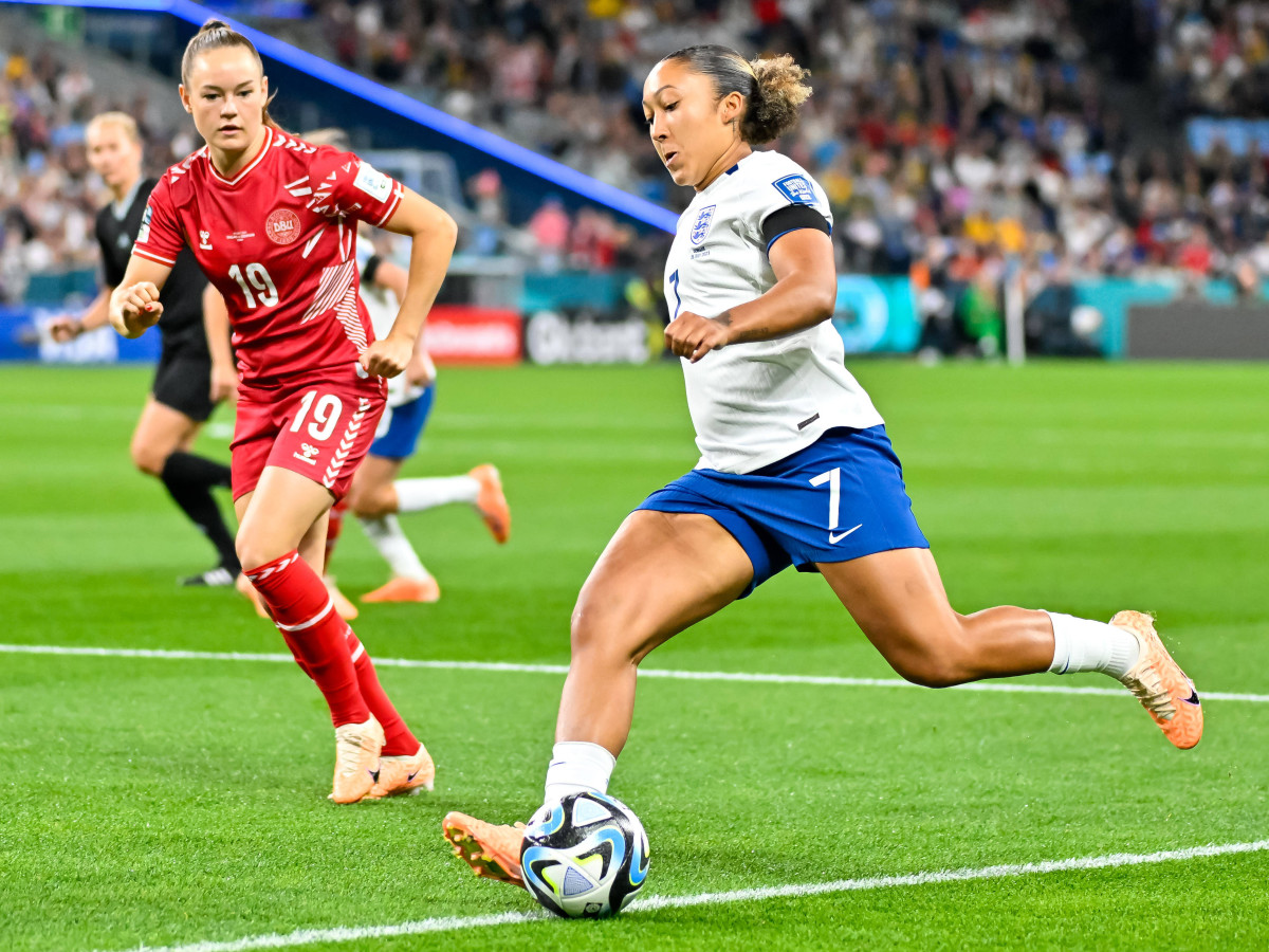 England's Lauren James attempts a shot against Denmark at the Women's World Cup.