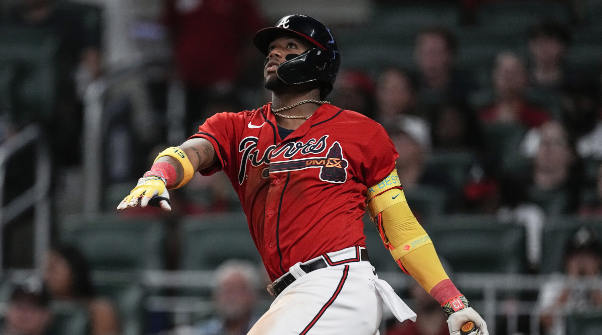Braves' Ronald Acuna Jr. watches his two-run home against the Miami Marlins.