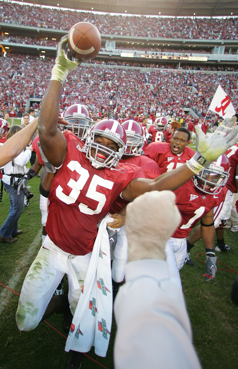 Alabama Crimson Tide linebacker DeMeco Ryans (35) celebrates the game-ending interception in the final seconds against the Tennessee Volunteers at Bryant-Denny Stadium in 2005. Alabama defeated Tennessee 6-3.