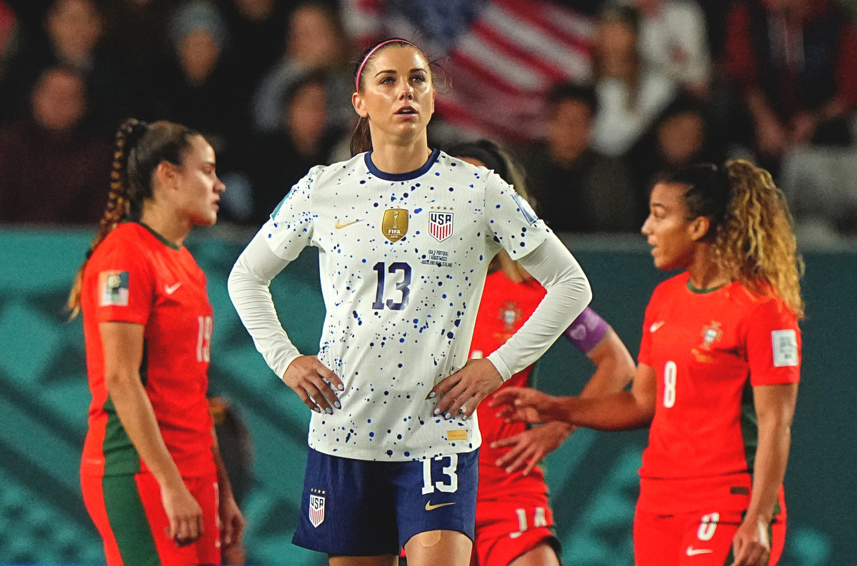 USWNT forward Alex Morgan stands with her hands on her hips as the U.S. draws 0-0 with Portugal at the Women's World Cup.