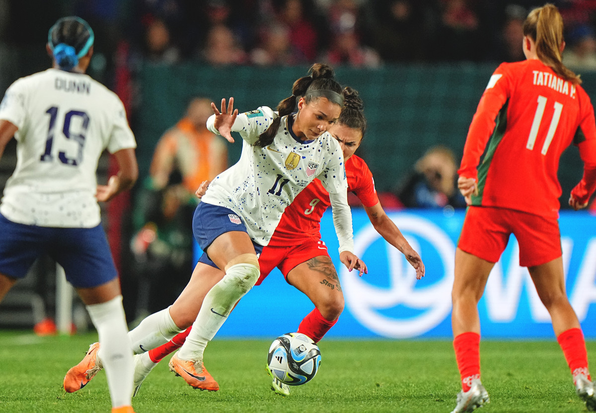 USWNT forward Sophia Smith battles for possession against Portugal at the Women's World Cup.