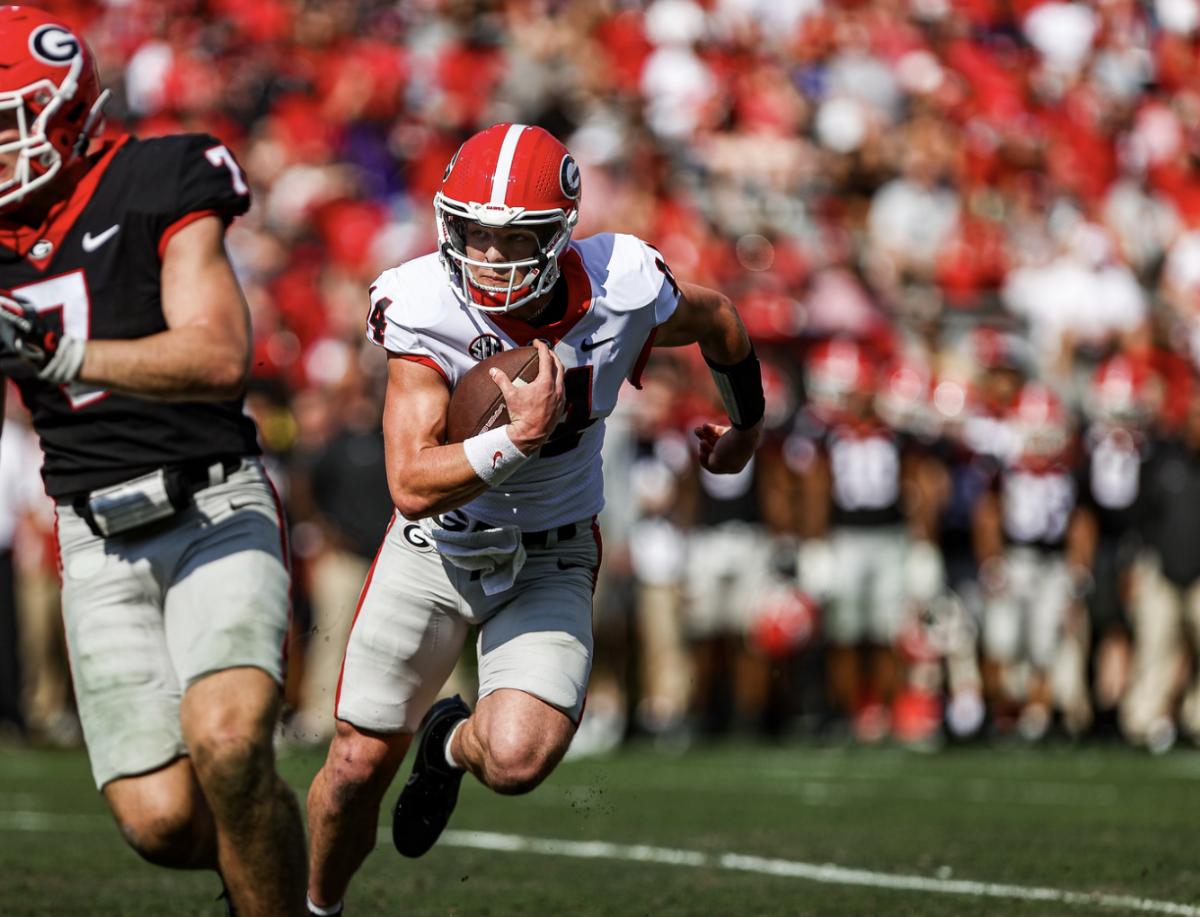 Georgia quarterback Gunner Stockton during Georgia’s annual G-Day scrimmage on Dooley Field at Sanford Stadium in Athens, Ga., on Saturday, April 15, 2023. (Tony Walsh/UGAAA)