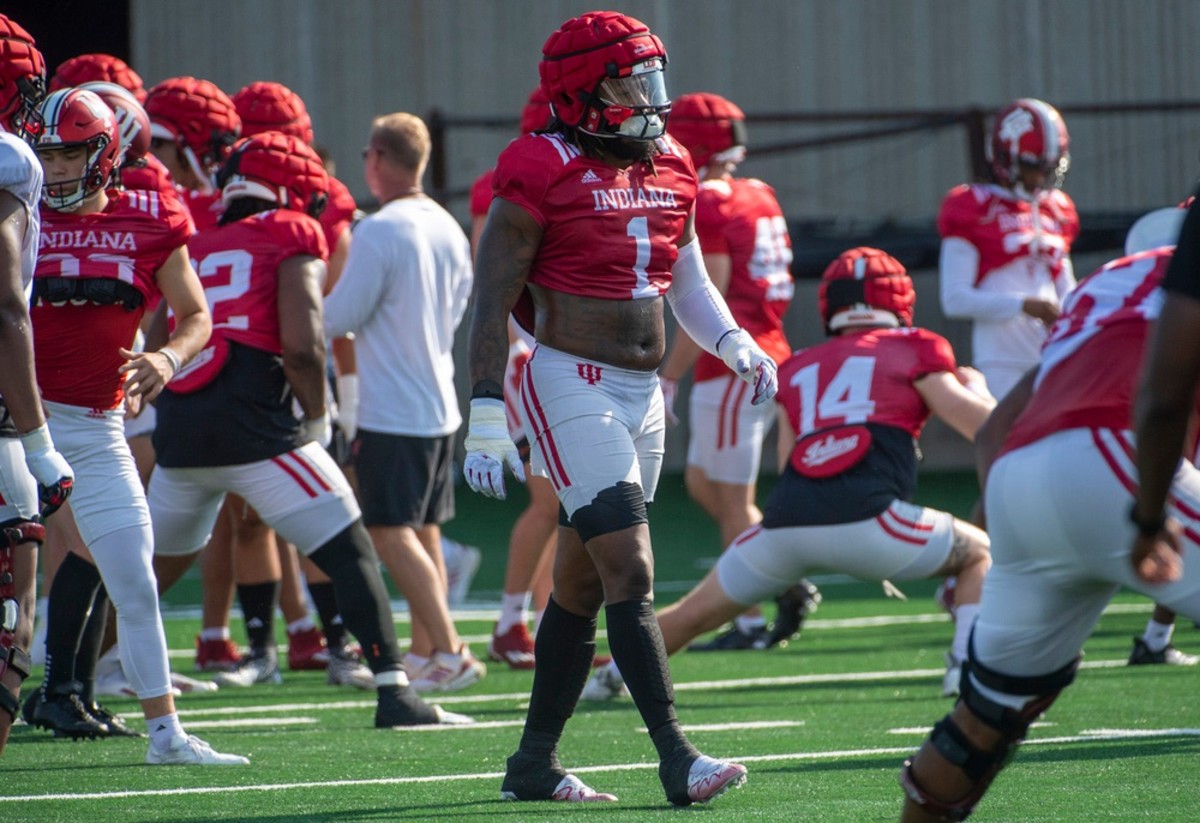 Indiana's Andre Carter (1) prepares during fall camp for Indiana football at their practice facilities on Friday, Aug. 4, 2023.