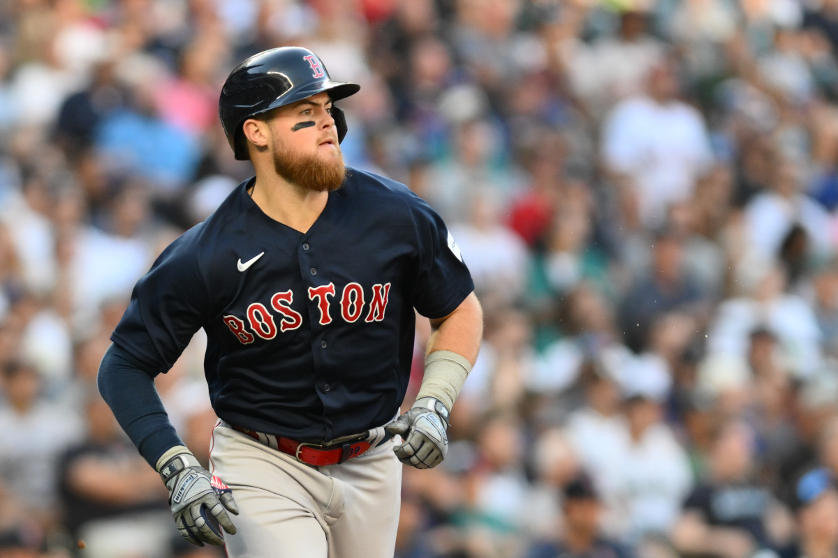 Boston Red Sox second baseman Christian Arroyo runs toward first base after hitting a two run RBI double against the Seattle Mariners during the fourth inning at T-Mobile Park. (2023)