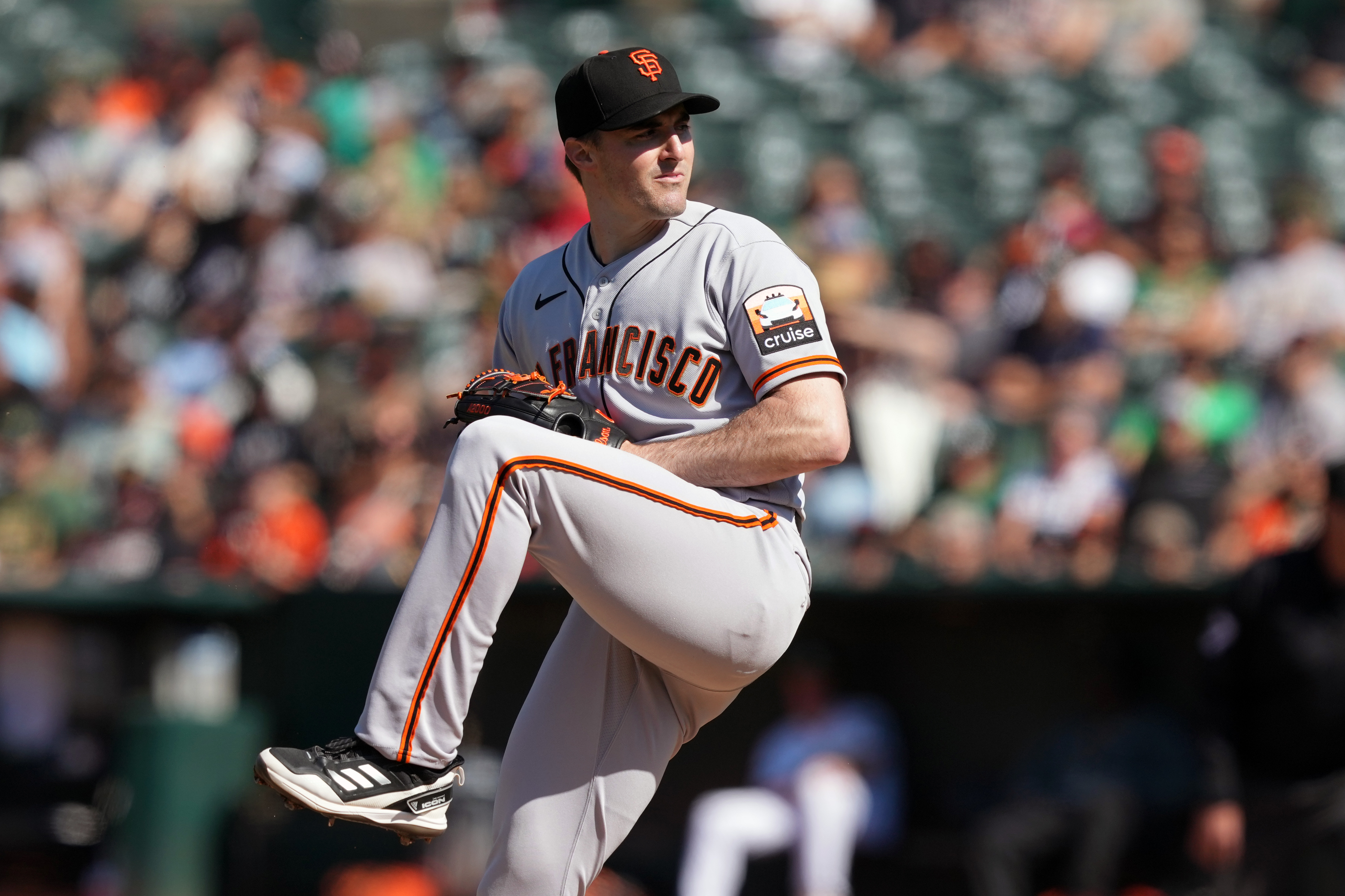 SF Giants starting pitcher Ross Stripling throws a pitch against the Oakland Athletics during the first inning at Oakland-Alameda County Coliseum on August 5, 2023.