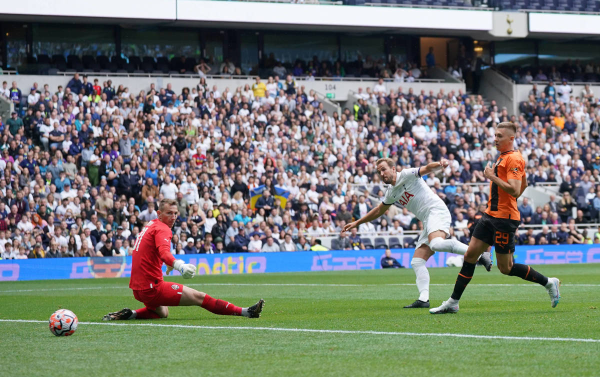 Harry Kane pictured (second from right) scoring against Shakhtar Donetsk to complete his hat-trick during a pre-season win for Tottenham Hotspur in August 2023