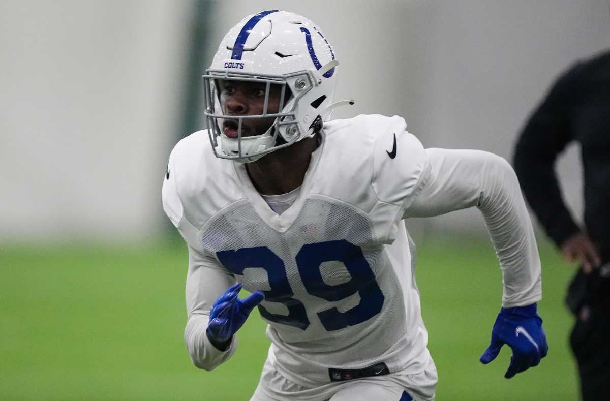 Indianapolis Colts cornerback Darrell Baker Jr. (39) rushes up the field Saturday, Aug. 5, 2023, during training camp at Grand Park Sports Campus in Westfield.