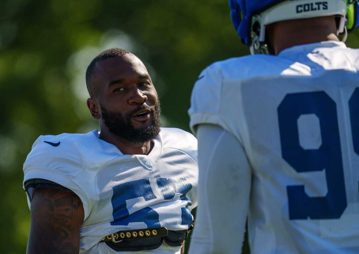 Indianapolis Colts linebacker Shaquille Leonard (53) chats with defensive tackle DeForest Buckner (99) ahead of practice Monday, July 31, 2023, at the Grand Park Sports Campus in Westfield, Indiana.